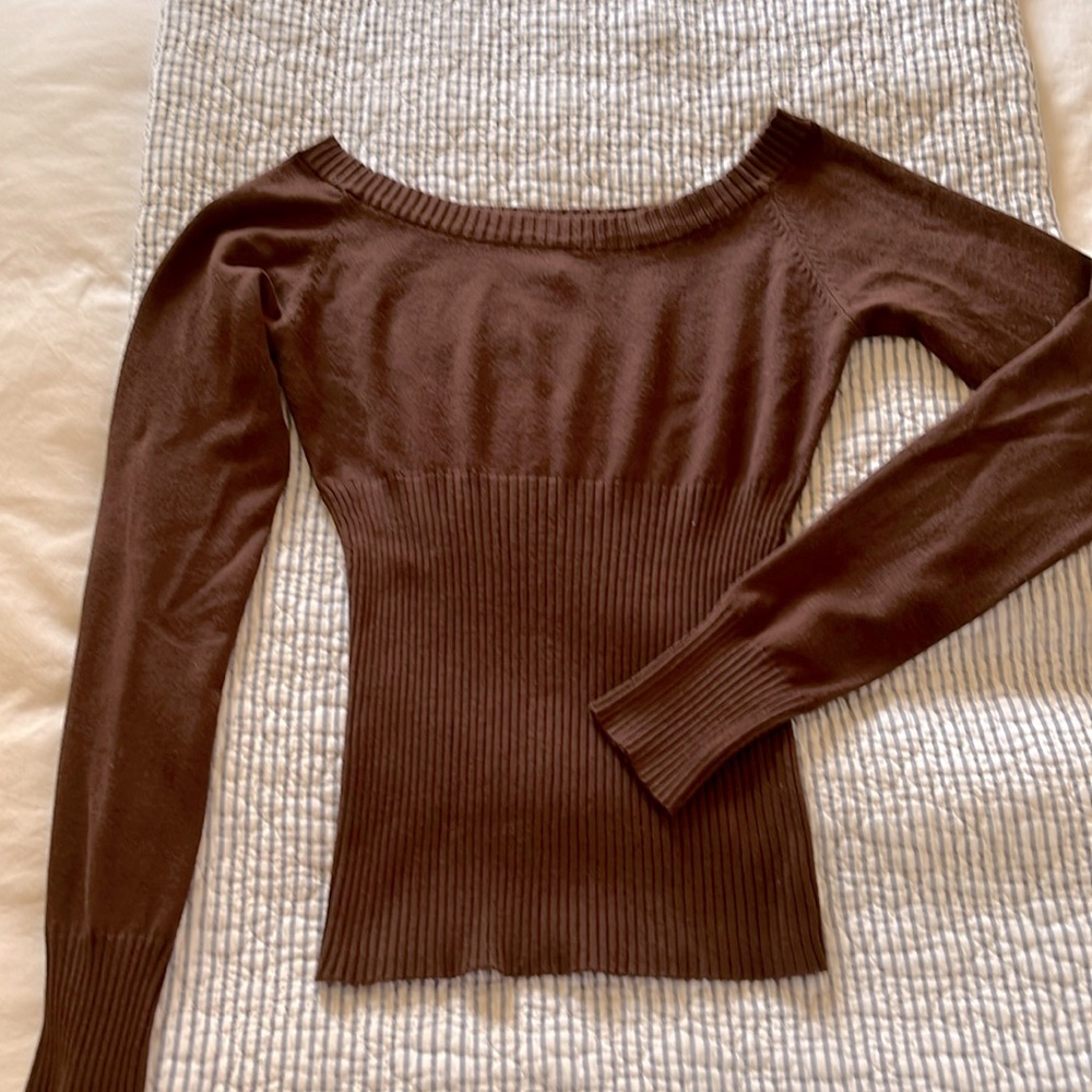 Sexy scoop neck or off-the-shoulder sweater in a sophisticated brown.